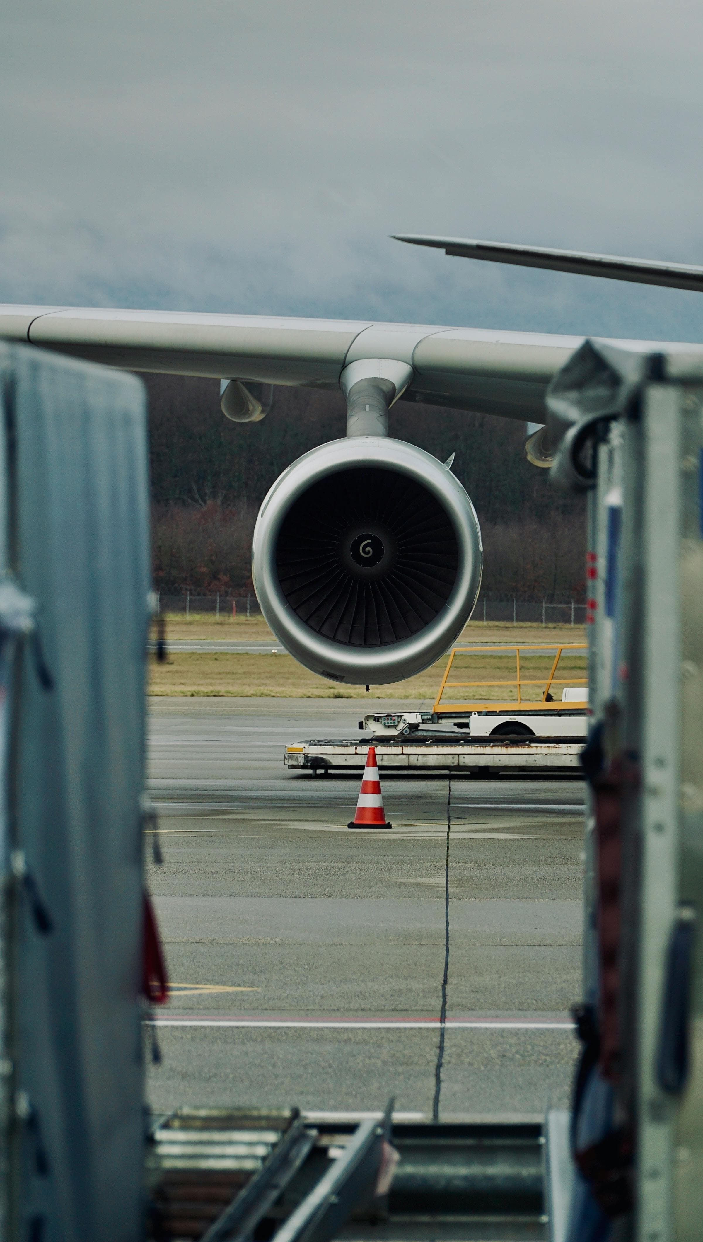 Close-up of an aircraft engine during ground handling.